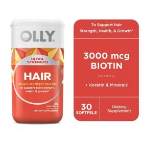 OLLY Ultra Strength Hair Softgel, Hair Support Supplement, Biotin, Keratin, 30 Count